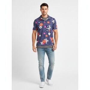 Proud 90 Men's Navy & White Floral Polo Shirt Size M Short Sleeve